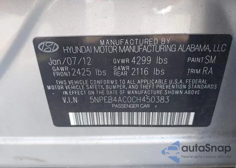 2012 Hyundai Sonata Gls from USA, damaged, VIN 5NPEB4AC0CH450383